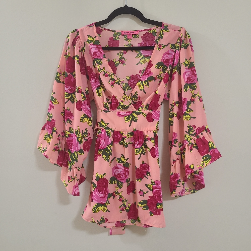 NWOT Flirty Boho BETSEY JOHNSON Pink Surplice Rose Floral Angel Wing Blouse